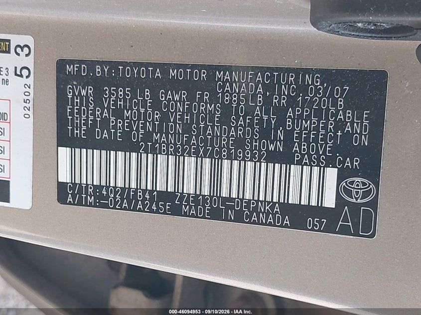 2007 TOYOTA COROLLA SEDAN 1.8L I-4 DOHC, VVT, REGULAR , 126HP