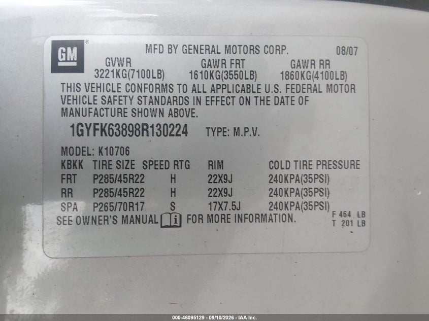 CADILLAC ESCALADE 2008 VIN 1GYFK63898R130224