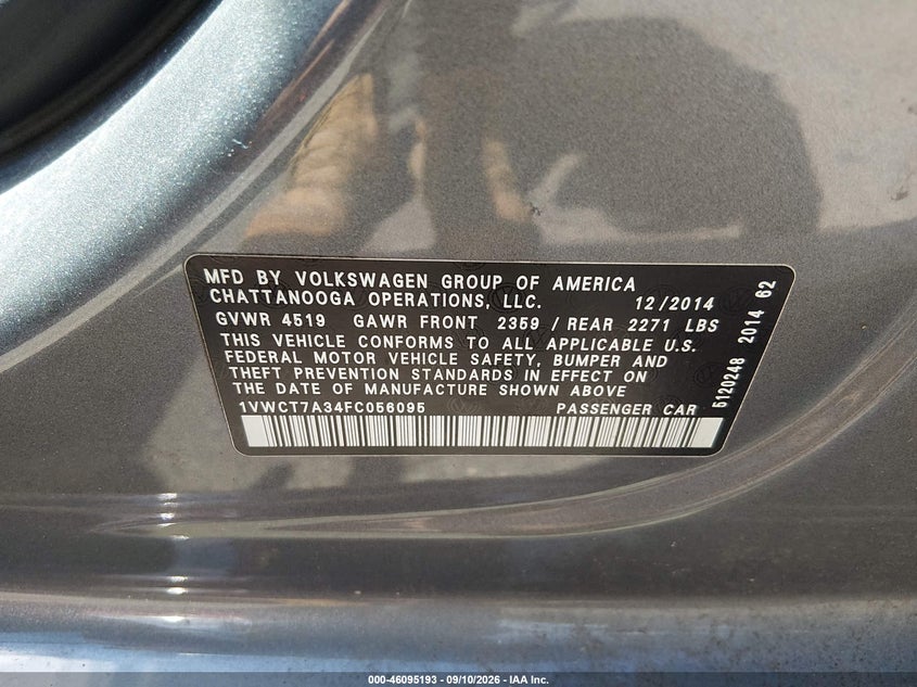 VOLKSWAGEN PASSAT 2015 VIN 1VWCT7A34FC056095
