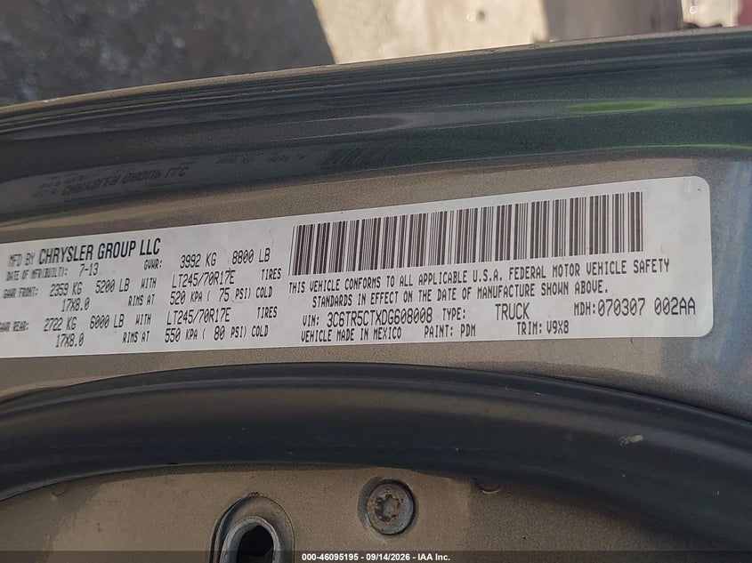 RAM 2500 2013 VIN 3C6TR5CTXDG608008