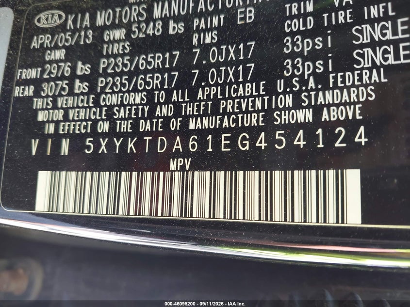 KIA SORENTO 2014 VIN 5XYKTDA61EG454124