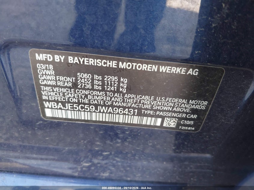 BMW 540I 2018 VIN WBAJE5C59JWA96431