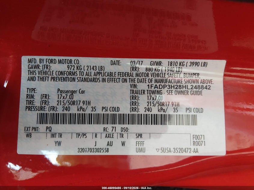 FORD FOCUS 2017 VIN 1FADP3H28HL248842