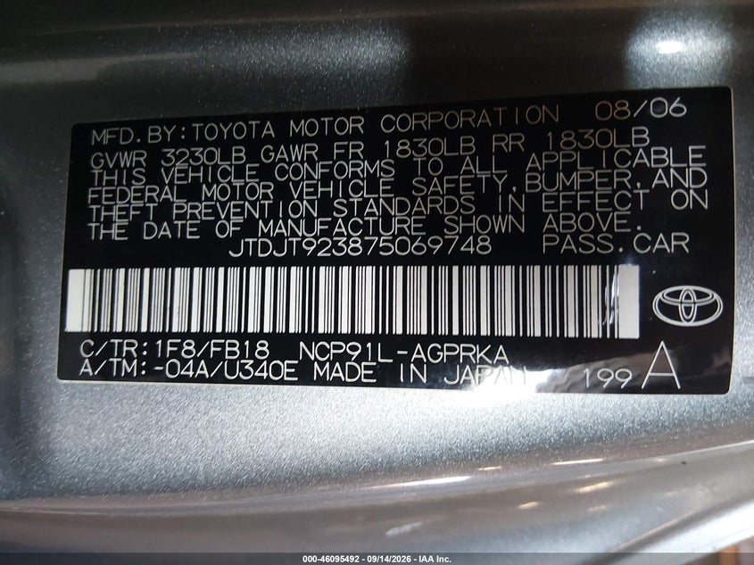 TOYOTA YARIS 2007 VIN JTDJT923875069748