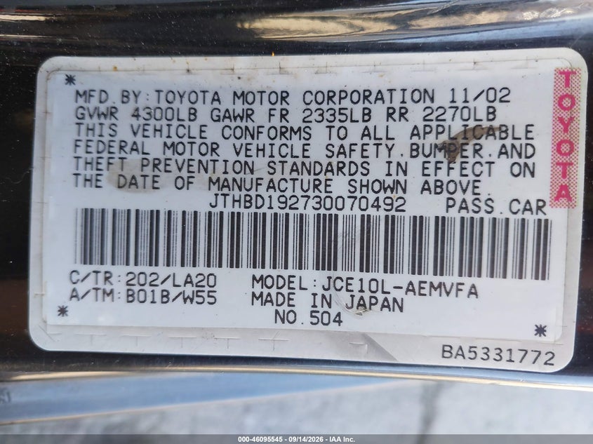 LEXUS IS 300 2003 VIN JTHBD192730070492