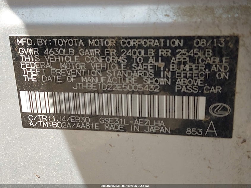 LEXUS IS 350 2014 VIN JTHBE1D22E5005432