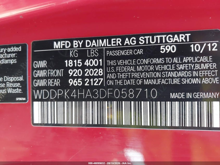 MERCEDES-BENZ SLK 250 2013 VIN WDDPK4HA3DF058710