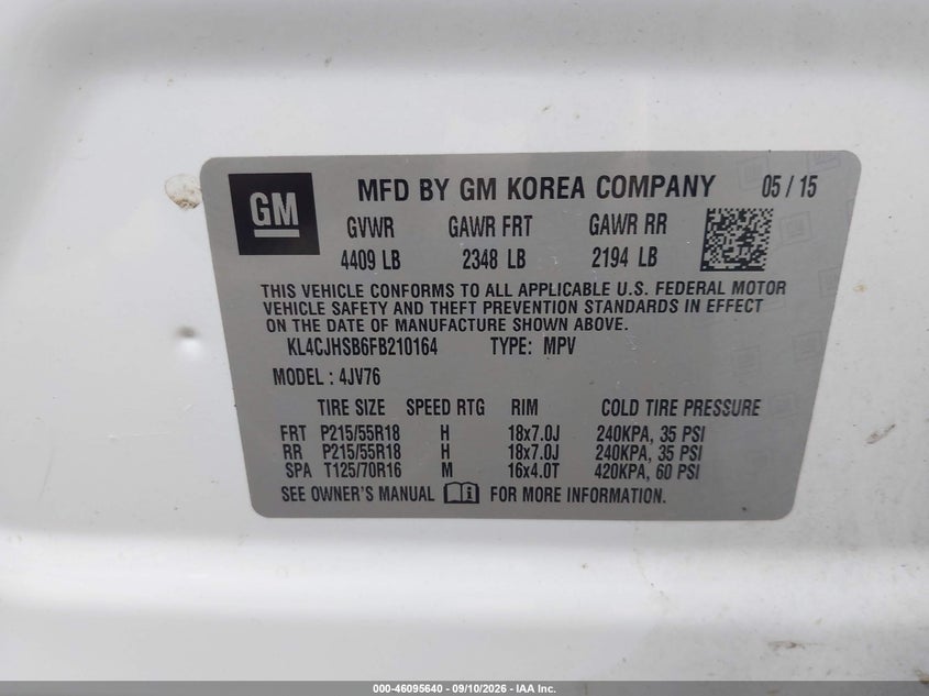 BUICK ENCORE 2015 VIN KL4CJHSB6FB210164