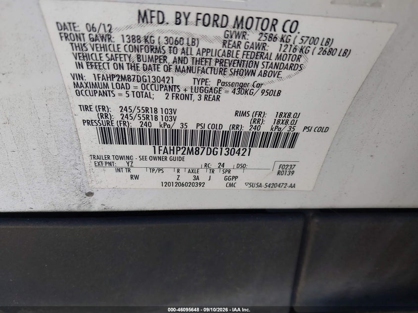 FORD POLICE INTERCEPTOR 2013 VIN 1FAHP2M87DG130421