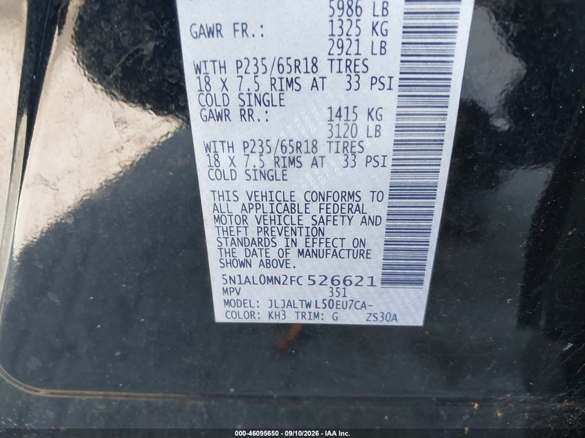 INFINITI QX60 2015 VIN 5N1AL0MN2FC526621