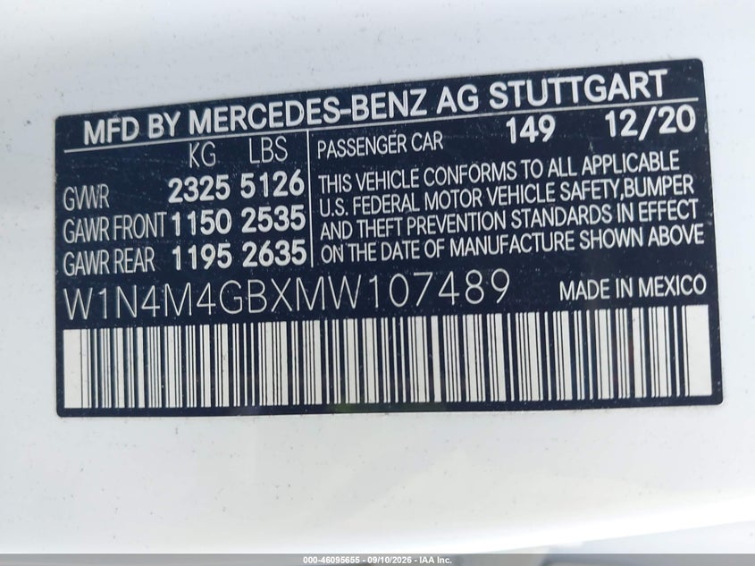 MERCEDES-BENZ GLB 250 2021 VIN W1N4M4GBXMW107489