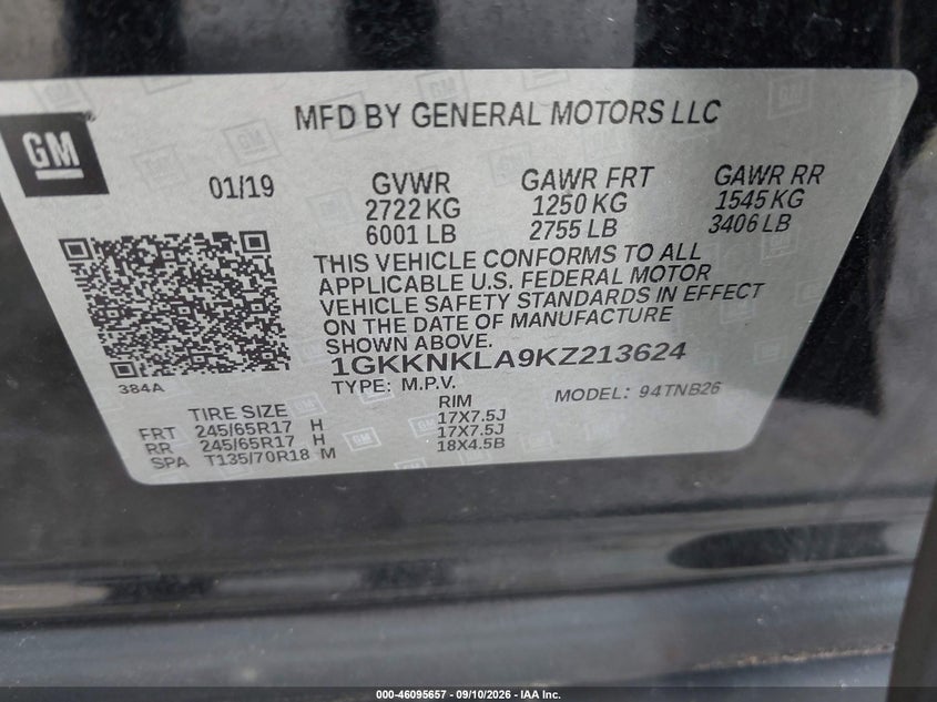 GMC ACADIA 2019 VIN 1GKKNKLA9KZ213624