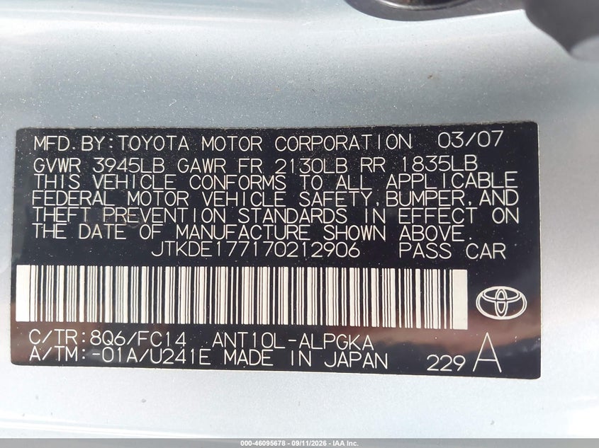SCION TC 2007 VIN JTKDE177170212906