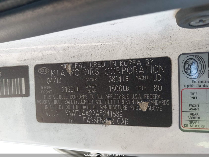 KIA FORTE 2010 VIN KNAFU4A22A5241839