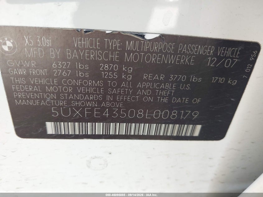 BMW X5 2008 VIN 5UXFE43508L008179