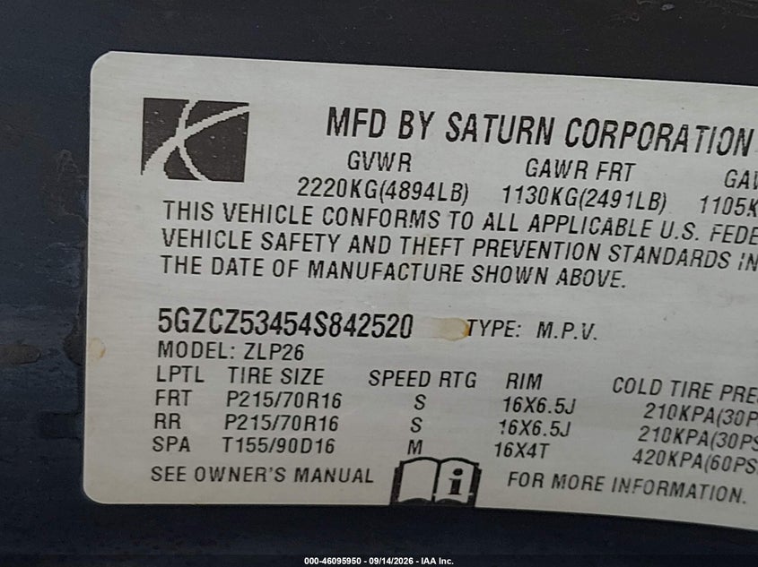 SATURN VUE 2004 VIN 5GZCZ53454S842520
