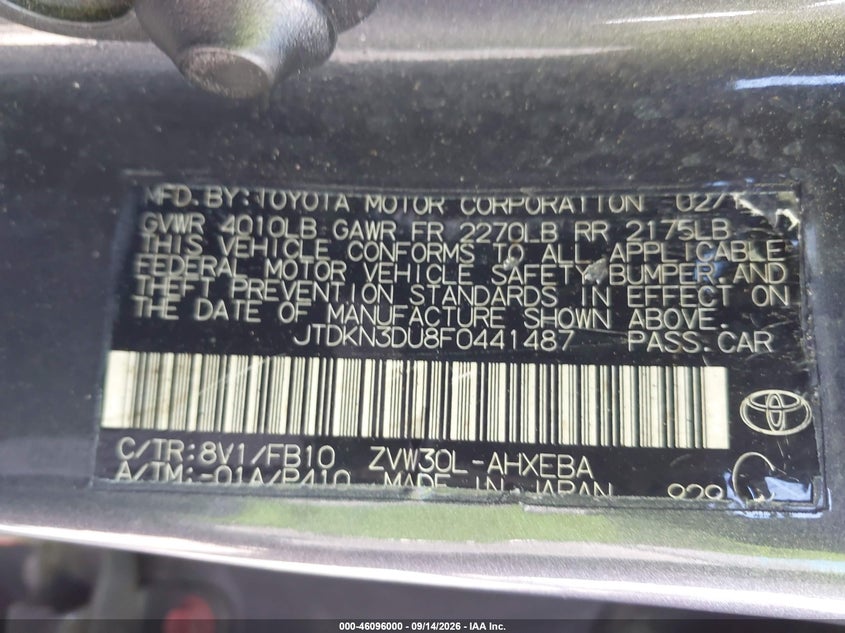TOYOTA PRIUS 2015 VIN JTDKN3DU8F0441487