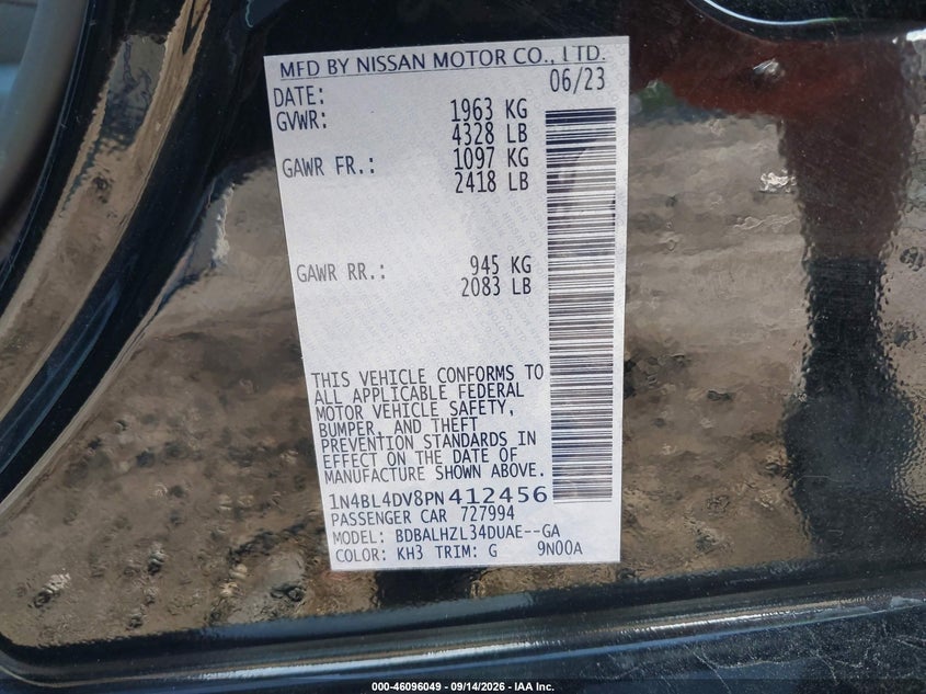 NISSAN ALTIMA 2023 VIN 1N4BL4DV8PN412456