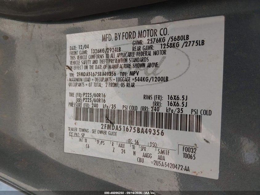 FORD FREESTAR 2005 VIN 2FMDA51675BA49356
