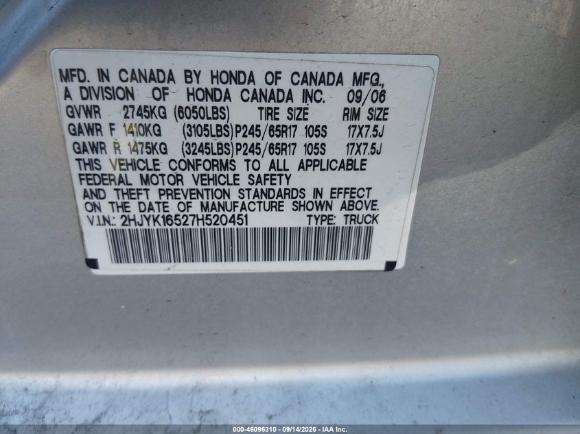 HONDA RIDGELINE 2007 VIN 2HJYK16527H520451