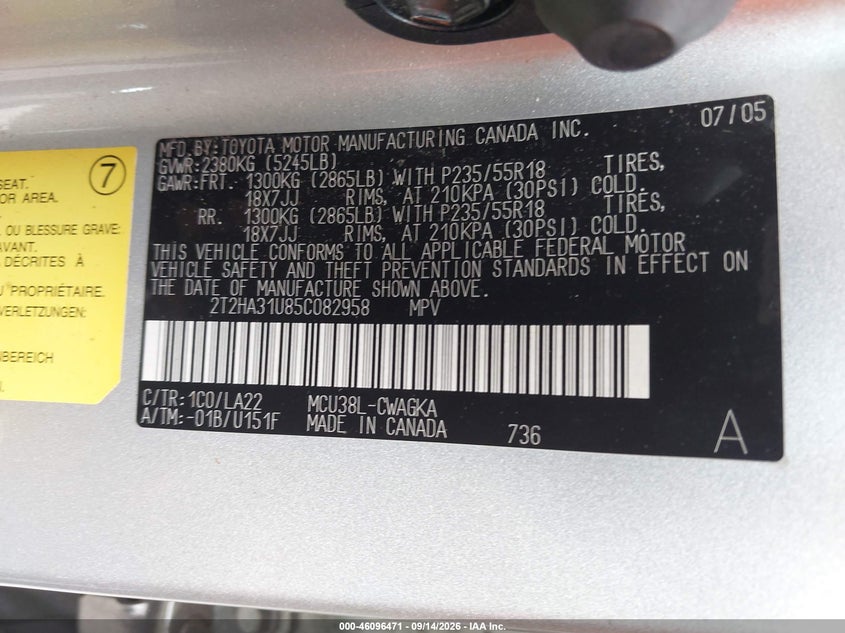 LEXUS RX 330 2005 VIN 2T2HA31U85C082958