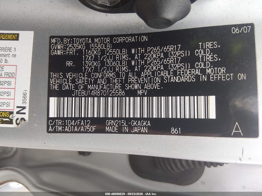 TOYOTA 4RUNNER 2007 VIN JTEBU14R870125586