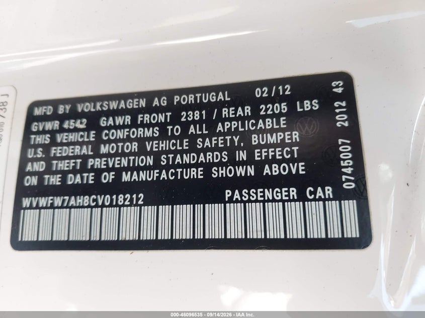 VOLKSWAGEN EOS 2012 VIN WVWFW7AH8CV018212