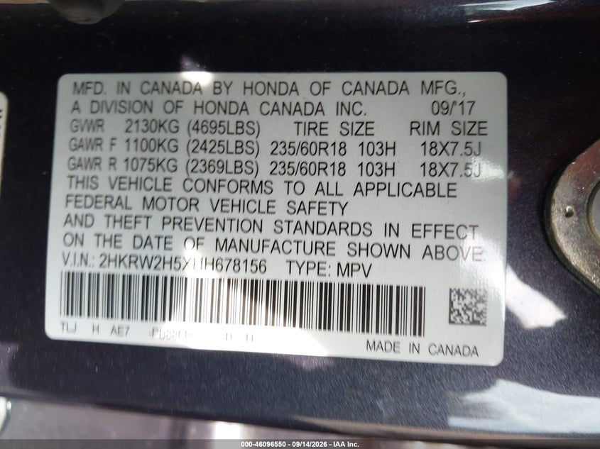 HONDA CR-V 2017 VIN 2HKRW2H5XHH678156