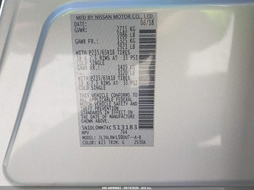 INFINITI QX60 2019 VIN 5N1DL0MM7KC513183