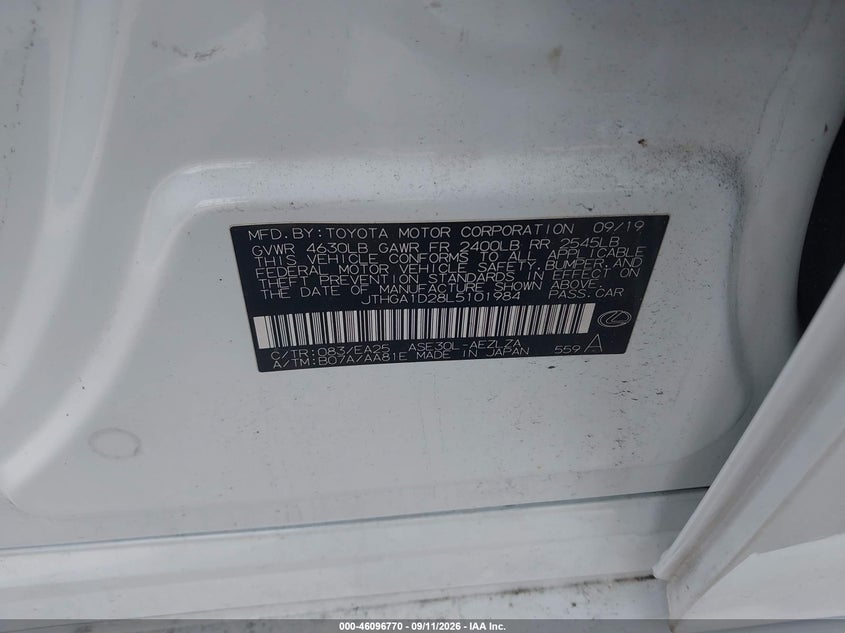 LEXUS IS 300 2020 VIN JTHGA1D28L5101984