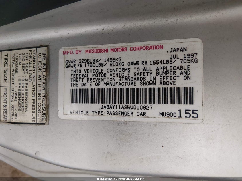MITSUBISHI MIRAGE 1998 VIN JA3AY11A2WU010927