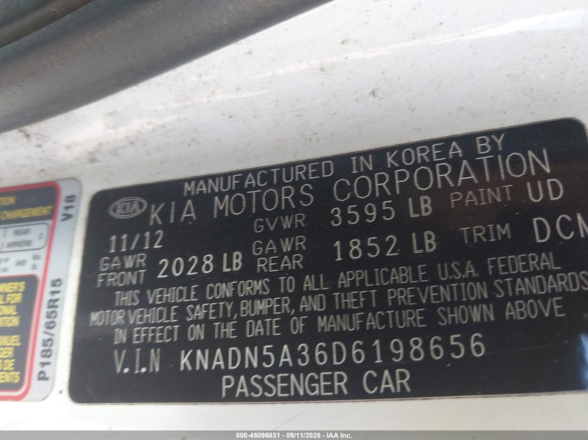 KIA RIO 2013 VIN KNADN5A36D6198656