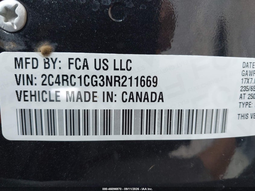 CHRYSLER VOYAGER 2022 VIN 2C4RC1CG3NR211669