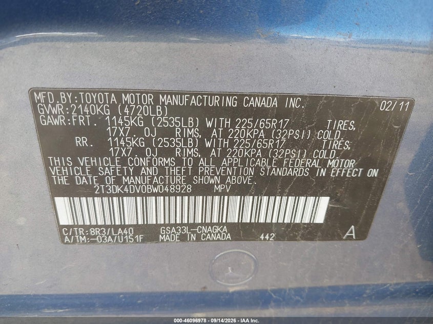 TOYOTA RAV4 2011 VIN 2T3DK4DV0BW048928
