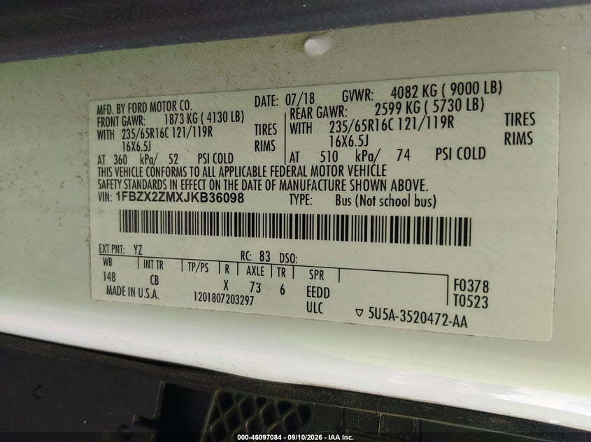 FORD TRANSIT-350 2018 VIN 1FBZX2ZMXJKB36098