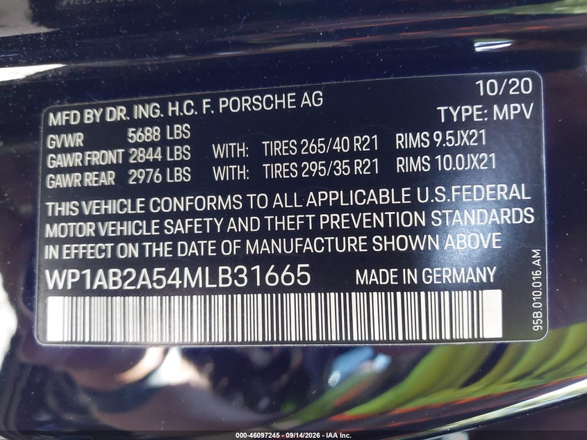 PORSCHE MACAN 2021 VIN WP1AB2A54MLB31665