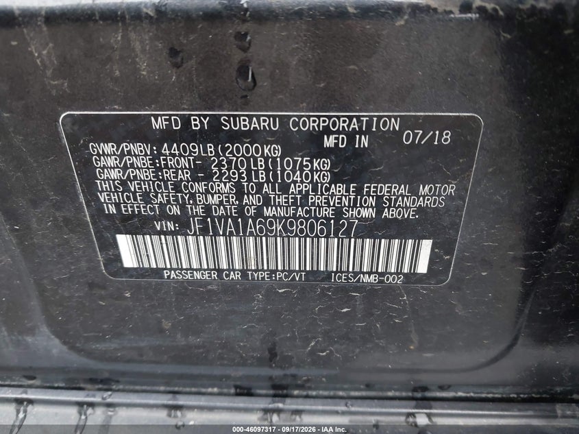 SUBARU WRX 2019 VIN JF1VA1A69K9806127