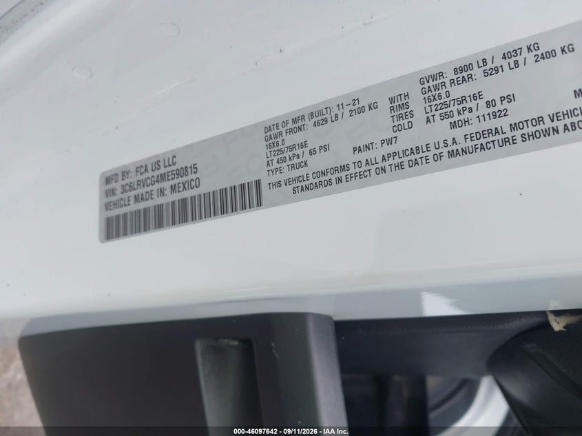 RAM PROMASTER 2500 2021 VIN 3C6LRVCG4ME590815