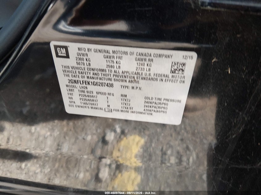 CHEVROLET EQUINOX 2016 VIN 2GNFLFEK1G6207438
