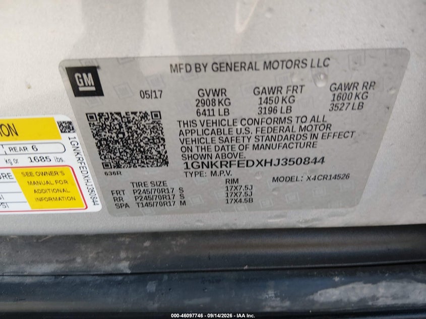 CHEVROLET TRAVERSE 2017 VIN 1GNKRFEDXHJ350844