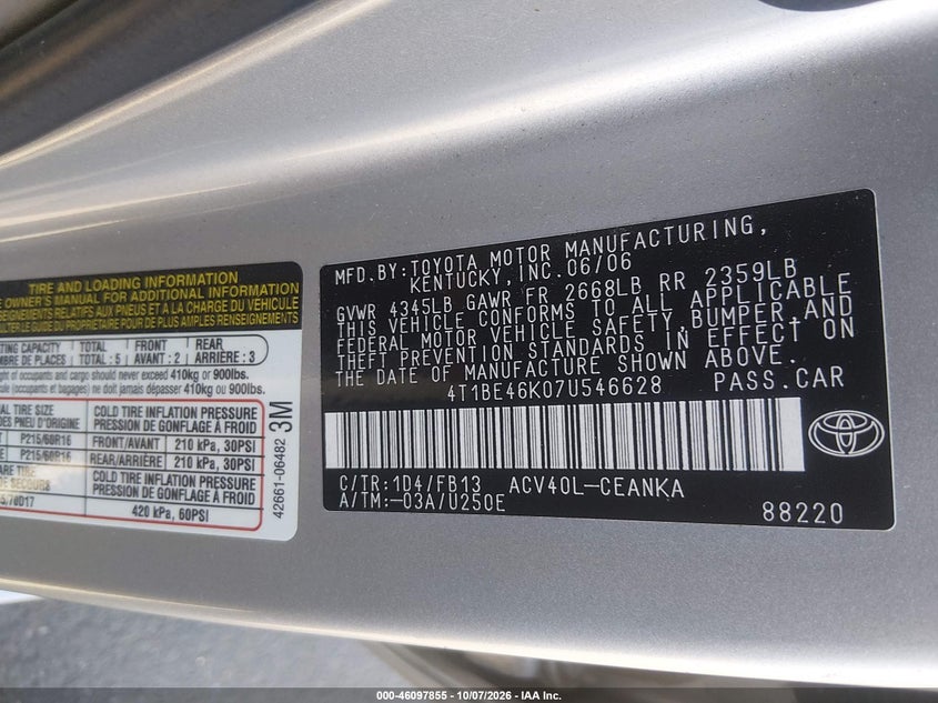 TOYOTA CAMRY 2007 VIN 4T1BE46K07U546628