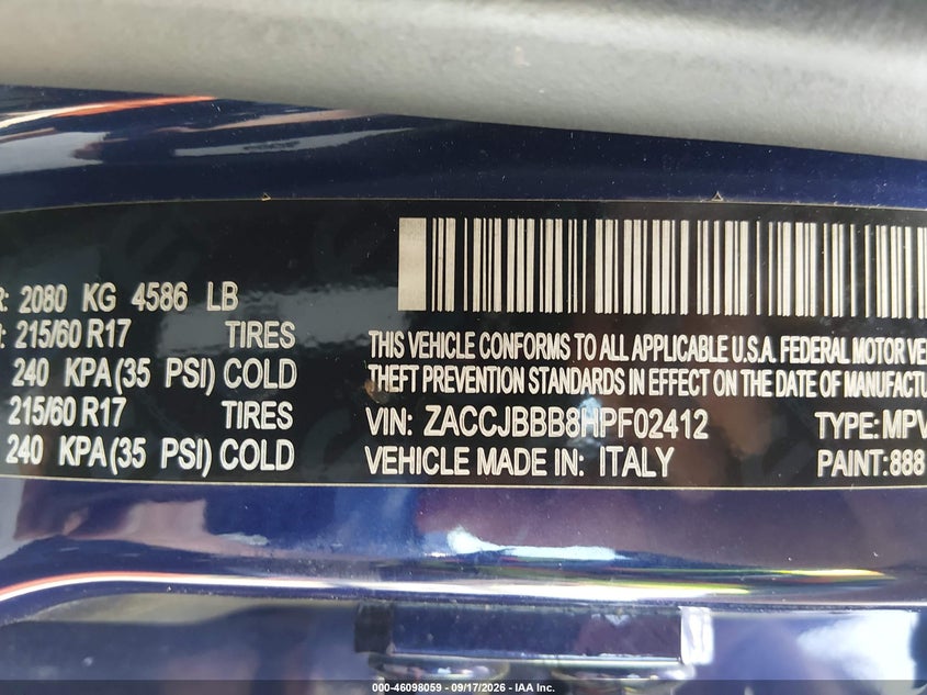 JEEP RENEGADE 2017 VIN ZACCJBBB8HPF02412