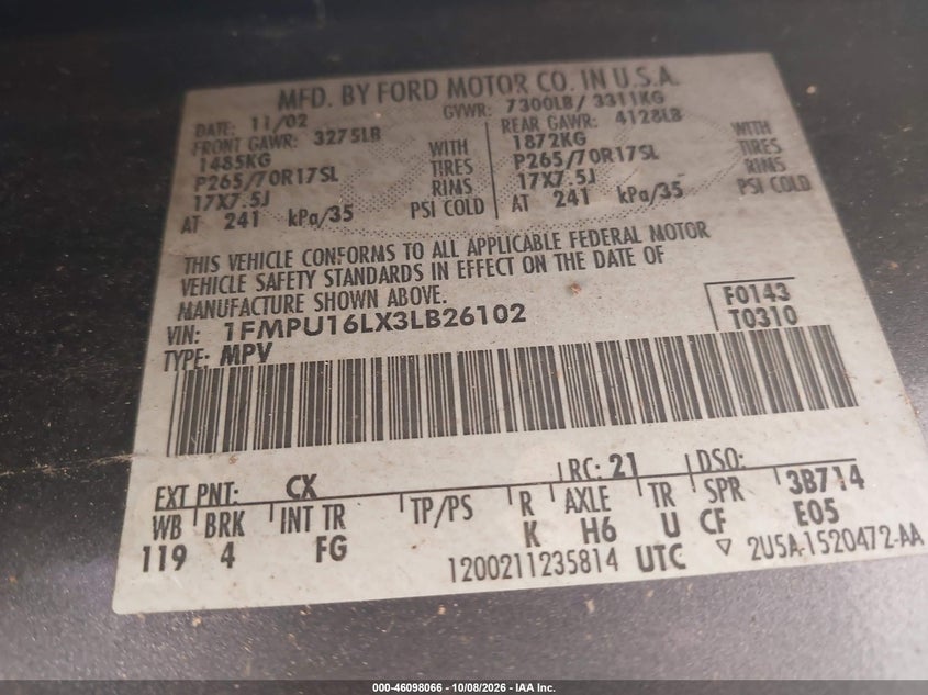 FORD EXPEDITION 2003 VIN 1FMPU16LX3LB26102