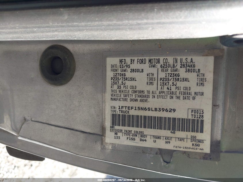 FORD F150 1995 VIN 1FTEF15N6SLB39629