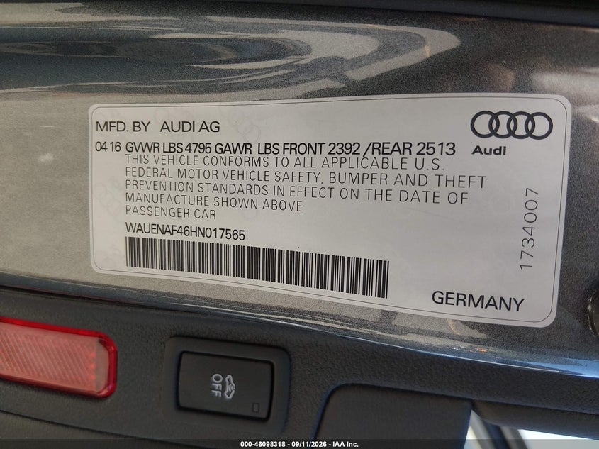 AUDI A4 2017 VIN WAUENAF46HN017565