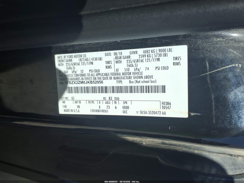 FORD TRANSIT-350 2018 VIN 1FBZX2ZM0JKB52956