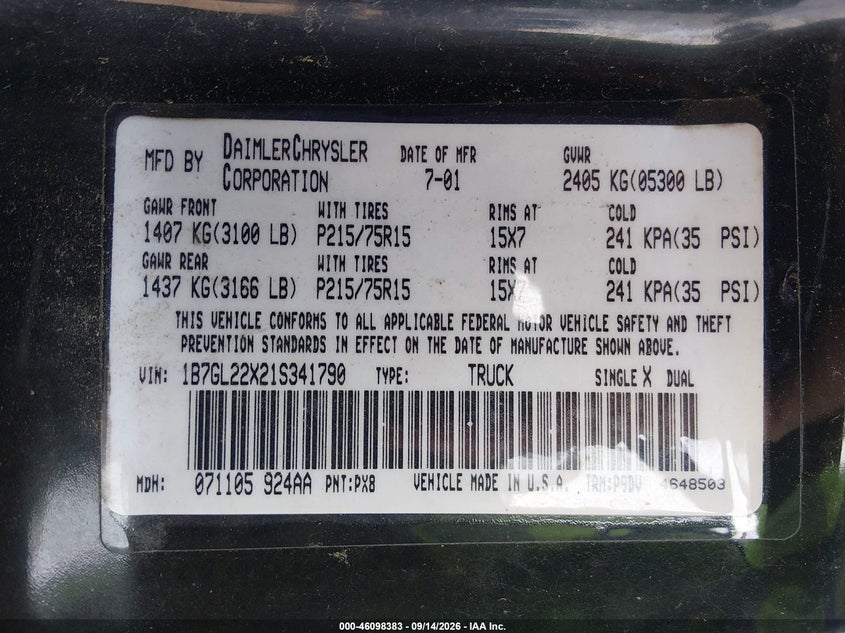DODGE DAKOTA 2001 VIN 1B7GL22X21S341790
