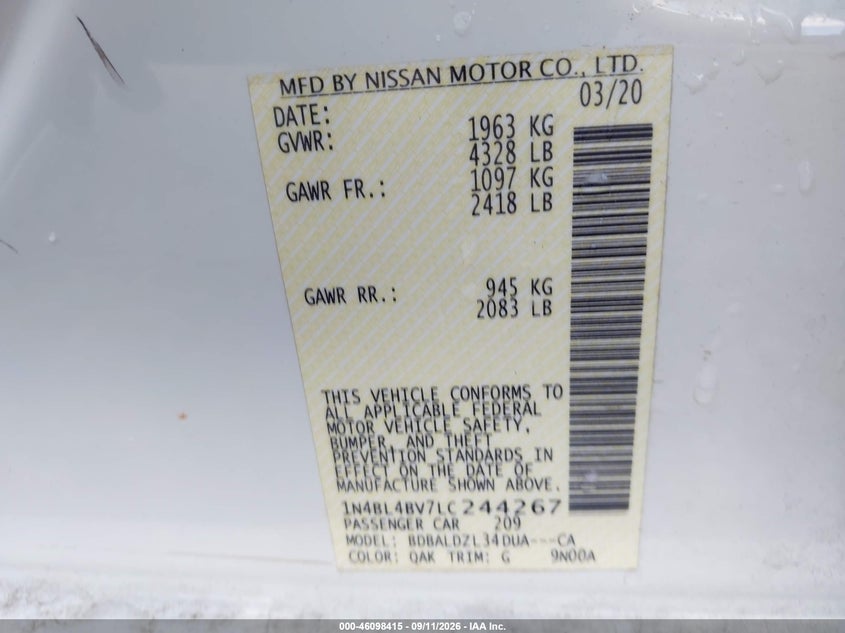 NISSAN ALTIMA 2020 VIN 1N4BL4BV7LC244267