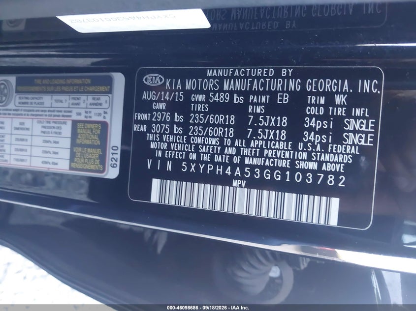 KIA SORENTO 2016 VIN 5XYPH4A53GG103782