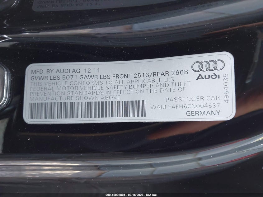 AUDI A5 2012 VIN WAULFAFH6CN004637